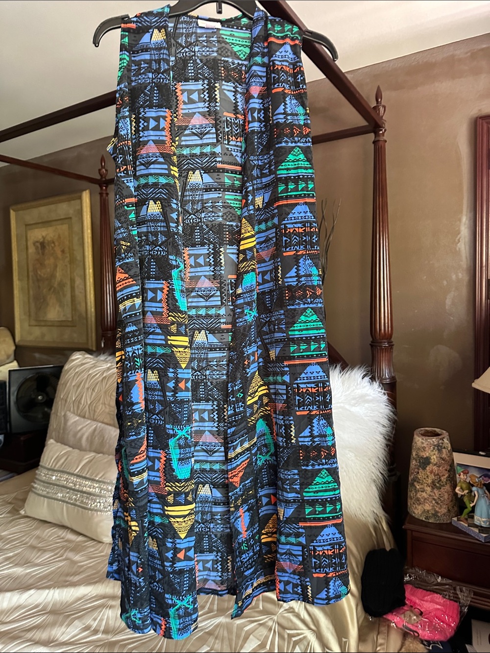 LuLaRoe Black Tribal-Print Open Duster with Blue, Green, Yellow, Orange Accents